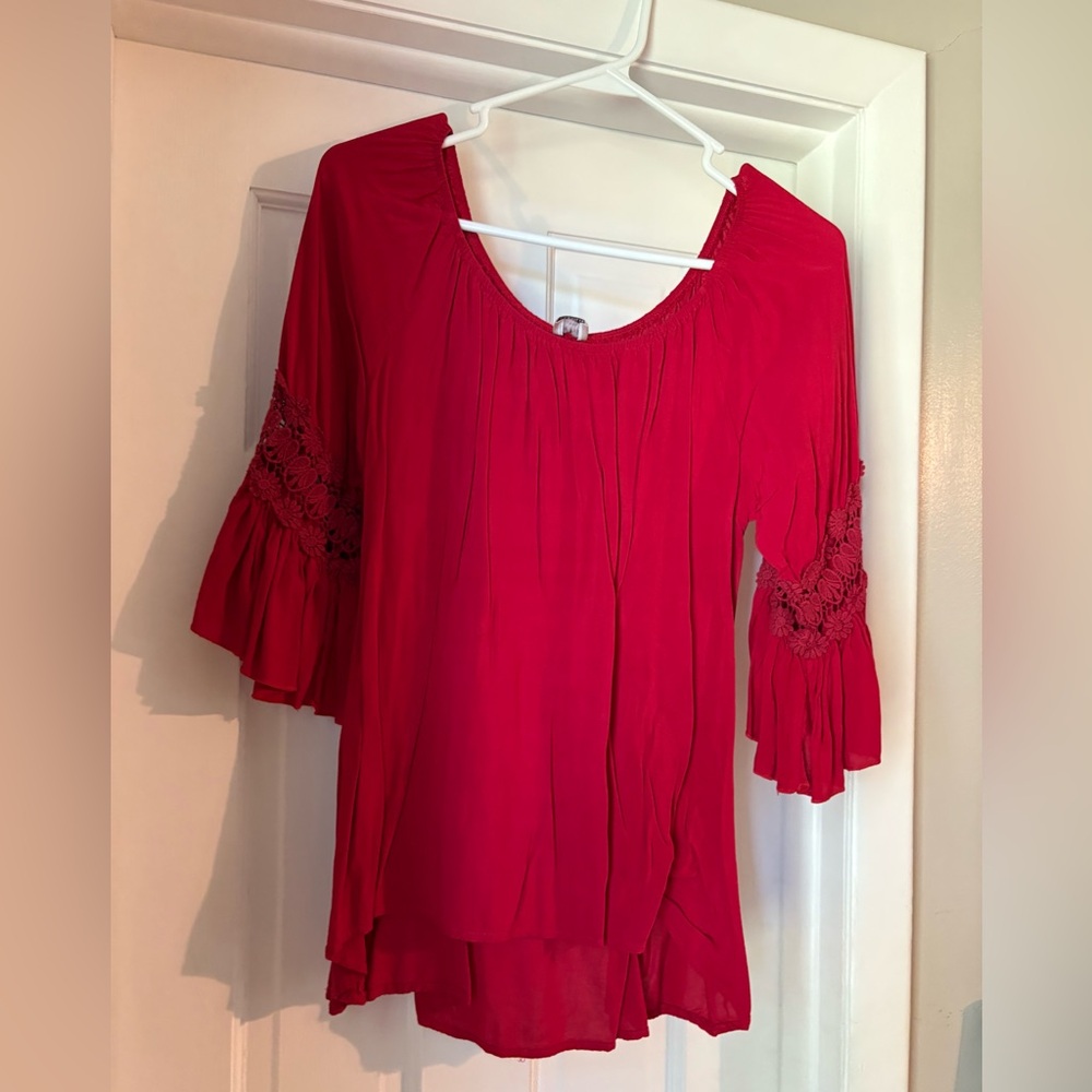 Red Dress Boutique Vibrant Red Blouse with Lace Sleeves